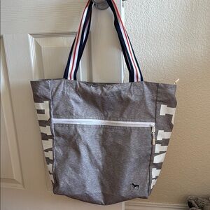 PINK Victoria's Secret Gray Tote Bag with Red and Blue Straps Waterproof Lined